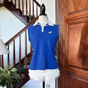 Disney Aloha Blue and White Polo Gold Shirt Tank Blouse Vintage Winnie the Pooh